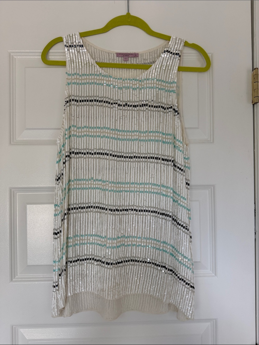 Calypso St. Barth White Tank Top with Mint & Black Stripes